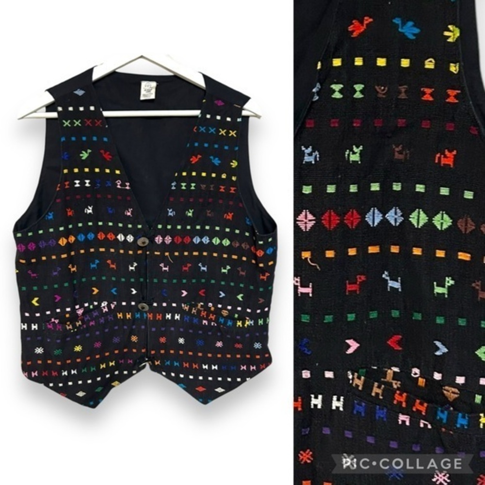 Vintage embroidered vest novelty O/S waistcoat animal‎ design woven colorful